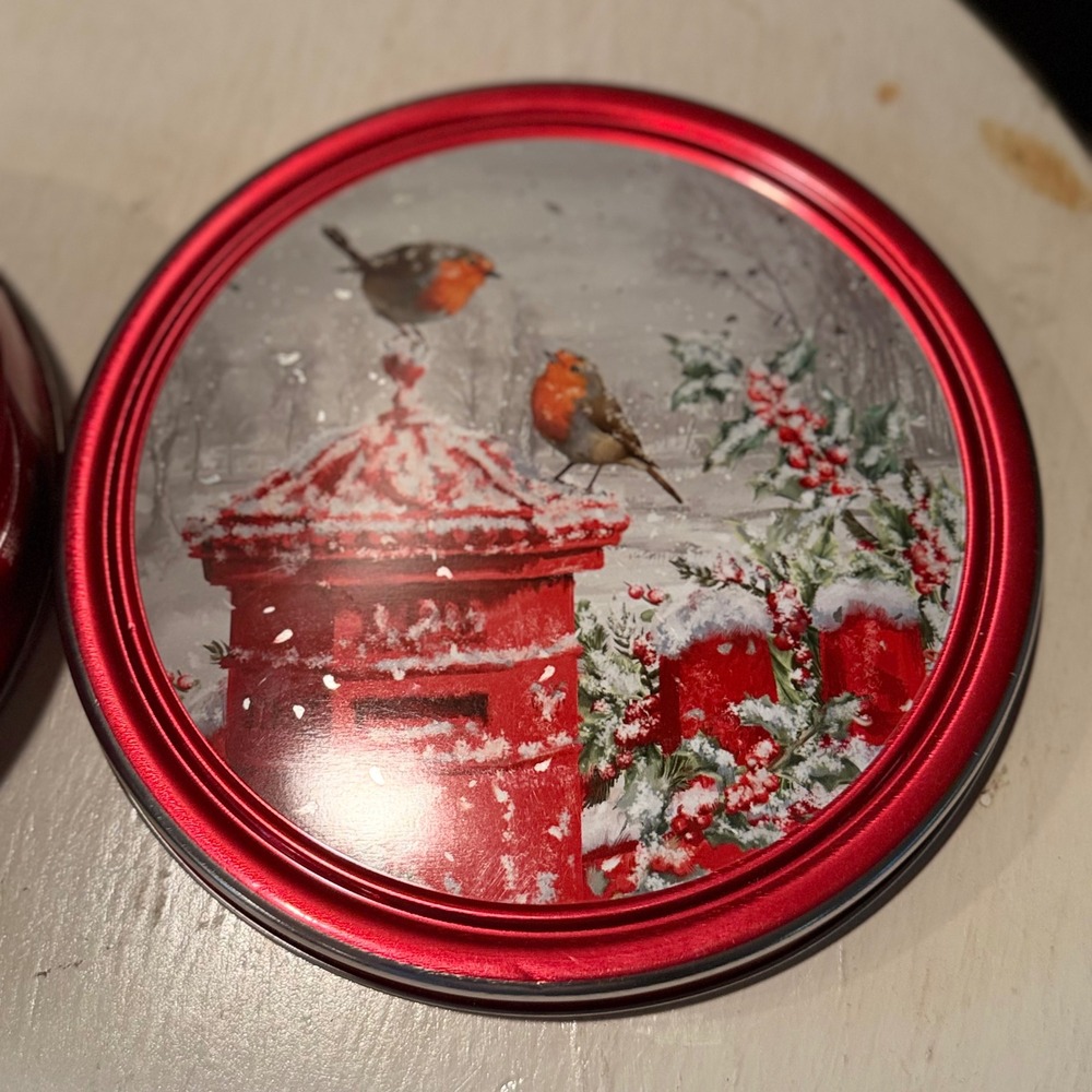Round Christmas Tin Red Mailbox Robin Snow Holiday Storage Container